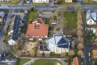 Aerial view catholic parish of St. Boniface with roof renewal of the St. Bonifatius Church in Hamm,