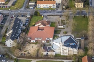 Aerial view catholic parish of St. Boniface with roof renewal of the St. Bonifatius Church in Hamm,