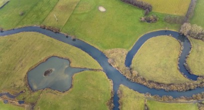 Aerial view river landscape in the nature reserve Heidemühle with river Lippe in Hamm, Ruhr area,