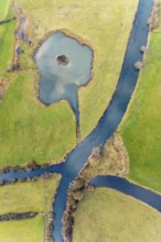 Aerial view river landscape in the nature reserve Heidemühle with river Lippe in Hamm, Ruhr area,
