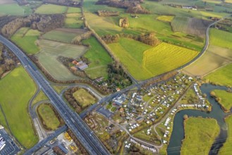 Aerial view motorway A2 with motorway junction Hamm-Uentrop and planned industrial area Westfalen
