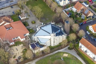 Aerial view catholic parish of St. Boniface with roof renewal of the St. Bonifatius Church in Hamm,