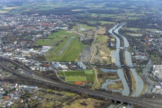 Aerial view, Lippe reconstruction, river Lippe, Lippe beach, runway with taxiway area of