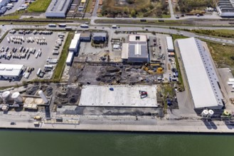 Aerial view, industrial estate harbour, construction site Lanfer site, loading terminal,