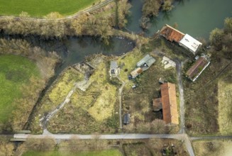 Aerial view, development of the area at the Heessener Schlossmühle, historic mill, Enniger Bach,