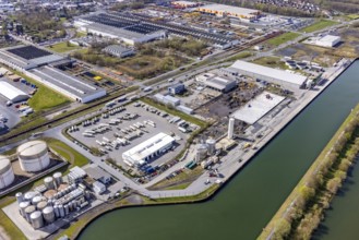 Aerial view, industrial estate harbour, construction site Lanfer site, loading terminal,