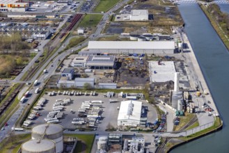 Aerial view, industrial estate harbour, construction site Lanfer site, loading terminal,