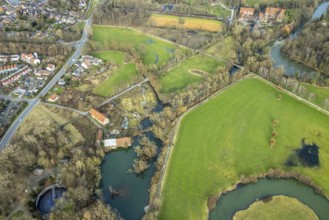 Aerial view, development of the area at the Heessener Schlossmühle, historic mill, Enniger Bach,