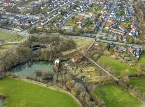 Aerial view, development of the area at the Heessener Schlossmühle, historic mill, Enniger Bach,