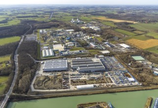 Aerial view, new halls at GOLDBECK Betonelemente GmbH Hamm, near plastics factory DuBay Polymer