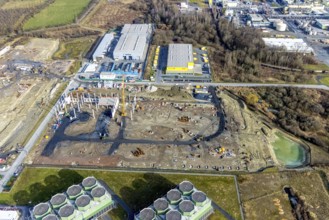 Aerial view, construction site for the new building complex on the site of the logistics centre and