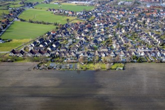 Aerial photograph, flooded fields in the Maximilian colony, flood, miners' settlement, Uentrop,