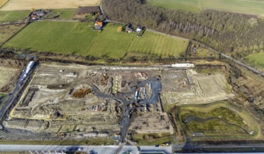 Aerial view, construction site for the new building complex on the site of the logistics centre and