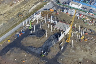 Aerial view, construction site for the new building complex on the site of the logistics centre and