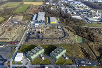 Aerial view, construction site for the new building complex on the site of the logistics centre and