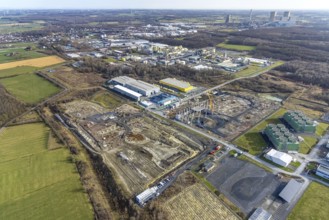 Aerial view, construction site for the new building complex on the site of the logistics centre and