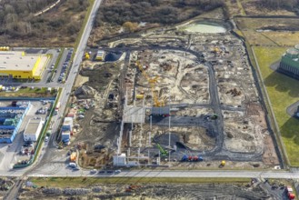 Aerial view, construction site for the new building complex on the site of the logistics centre and
