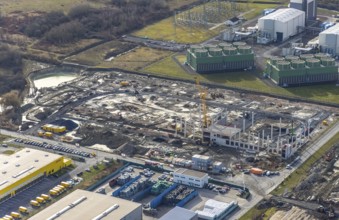 Aerial view, construction site for the new building complex on the site of the logistics centre and