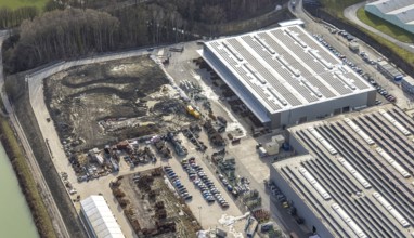 Aerial view, new halls at GOLDBECK Betonelemente GmbH Hamm, near plastics factory DuBay Polymer