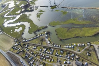 Aerial view, Lippe meander, Lippe with flood, Schmehauser Mersch, Campingplatz Uentrop Helbach