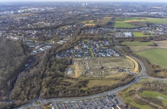Aerial view, construction area Heimshof Ost at Sachsenring, new development area, Heessen, Hamm,