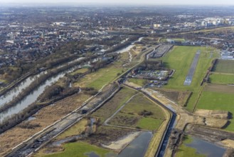 Aerial view, Lippe reconstruction, river Lippe, Lippe beach, runway with taxiway area of