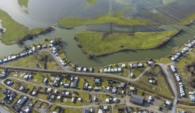 Aerial view, Lippe meander, Lippe with flood, Schmehauser Mersch, Campingplatz Uentrop Helbach