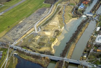 Aerial view, Lippe reconstruction, river Lippe, Lippe beach, runway with taxiway area of