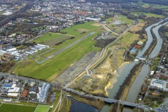 Aerial view, Lippe reconstruction, river Lippe, Lippe beach, runway with taxiway area of