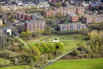 Aerial view, urban gardening in the Kornmersch, Rheinsberger Platz with high-rise housing estate,