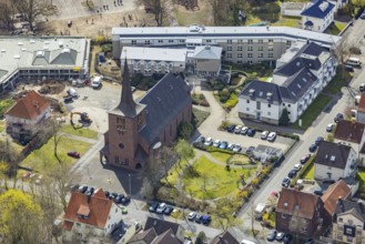 Aerial view, construction site and new building Haus der Begegnung for the parish and the all-day