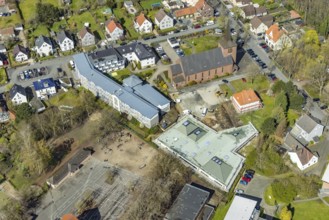 Aerial view, construction site and new building Haus der Begegnung for the parish and the all-day
