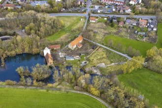 Aerial view, planned renovation of the castle mill on the millrace at the mill pond, Heckmann