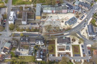 Aerial view, construction site Heessener Markt in the Amtsstraße and Bürgeramt in Heessen, Hamm,