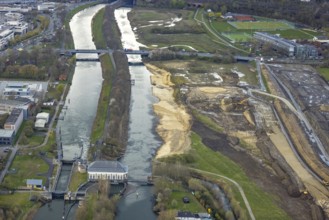 Aerial view, Lippe floodplain experience project, dike area between city centre and airfield, new