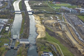Aerial view, construction area at Jupp-Eickhoff-Weg with river Lippe and Datteln-Hamm canal,