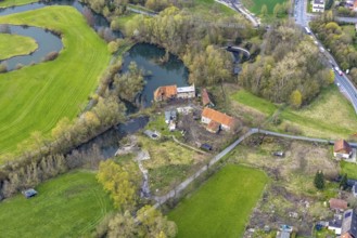 Aerial view, planned renovation of the castle mill on the millrace at the mill pond, Heckmann