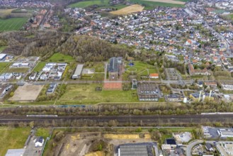 Aerial view, commercial area Ökozentrum Sachsenweg, Alfred-fisherman-Halle in Heessen, Hamm, Ruhr