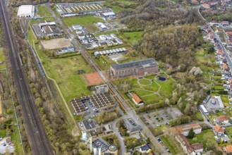 Aerial view, commercial area Ökozentrum Sachsenweg, Alfred-fisherman-Halle in Heessen, Hamm, Ruhr