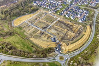 Aerial view, construction site and construction area Heimshof Ost am Sachsenring with housing