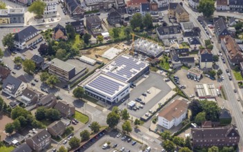 Aerial view, ALDI Nord supermarket with solar roof and construction area Heessener Gärten in
