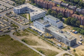 Aerial view, Sci:Q student residence and construction site and new building ZFSL Hamm training
