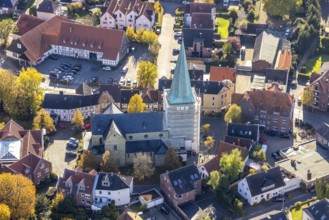 Aerial view, steeple renovation of the catholic church St. Regina in the district Rhynern in Hamm,