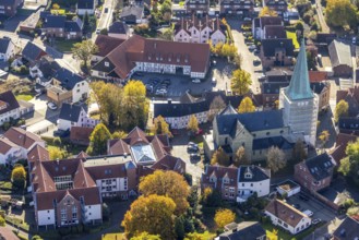 Aerial view, church tower renovation of the catholic church St. Regina and retirement home