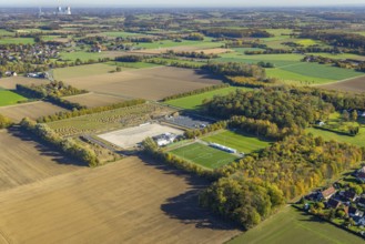 Aerial view, construction site and new sports field with stands and a club building with sports day