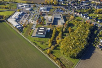 Aerial view, Konrad-Adenauer Realschule and Rewe Räker supermarket in the district Rhynern in Hamm,