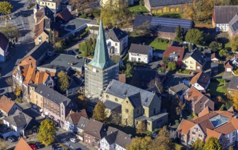 Aerial view, steeple renovation of the catholic church St. Regina in the district Rhynern in Hamm,