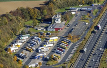 Aerial photo, Rhynern service area on the A2 motorway in the Rhynern district of Hamm, Ruhr area,