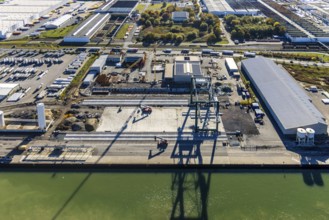 Aerial view, Lanfer Logistik and Maxi Terminal in the harbour on the Datteln-Hamm Canal in the