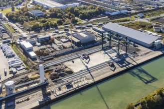 Aerial view, Lanfer Logistics and Maxi Terminal in the harbour at the Datteln-Hamm Canal in the